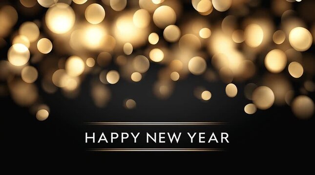 Happy New Year banner. Golden bokeh lights create a vibrant backdrop for New Years greetings, enhancing the festive mood, with a gradual camera zoom emphasizing the message