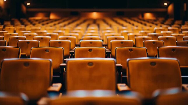 Empty movie theater rows of seats captured in dim lighting, showcasing warm tones and textures, camera slowly zooms in for detail	