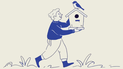 A stylized character wearing a blue sweater depicted in a clean graphic illustration with a focus on design elements and potential for branding or editorial use