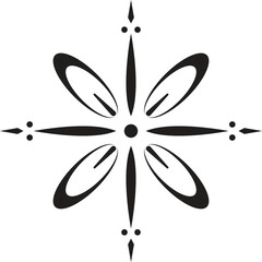 A clean black geometric floral pattern featuring symmetrical petal shapes and elegant ornamental details