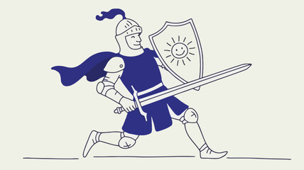 Whimsical knight in shining blue armor holding a sword and shield in a playful and charming illustration style perfect for fantasy or children s themes
