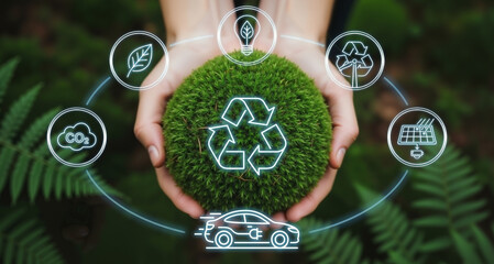 ESG and sustainability concept showing hands holding a moss ball with recycling symbol surrounded by green energy and environmental icons.