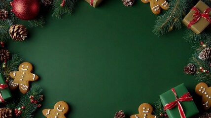 Christmas Gingerbread Men and Gift Boxes with Pine Branches and Cones on Green Background, Ideal for Holiday Poster, Party Invitation, Winter Event, Bakery Promotion