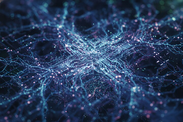 Abstract glowing blue and purple neural network or complex digital data connections.