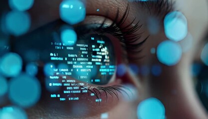 Futuristic close-up of a human eye reflecting glowing blue digital data code and symbols representing augmented reality artificial intelligence and biometric identification - Powered by Adobe
