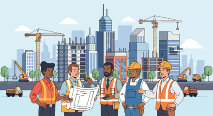 Construction team collaborating on blueprint with vibrant city skyline backdrop for modern infrastructure projects and real estate development plans