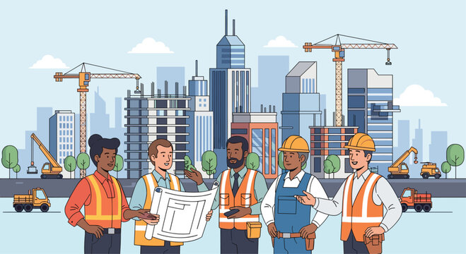 Construction team collaborating on blueprint with vibrant city skyline backdrop for modern infrastructure projects and real estate development plans