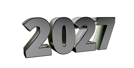 Moderne 3D-Schrift 2027: plakative silberne  Jahreszahl mit schimmerndem Farbverlauf, Neujahr, Zukünftige Trends, Technologie, Business, Saison, Jubiläum, Innovation, Geschäftspräsentationen, grau