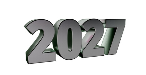 Moderne 3D-Schrift 2027: plakative silberne  Jahreszahl mit schimmerndem Farbverlauf, Neujahr, Zukünftige Trends, Technologie, Business, Saison, Jubiläum, Innovation, Geschäftspräsentationen, grau