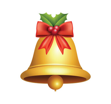 Christmas bell with bow and holy berries vector illustration. Golden bell with a red bow and holly berries on a white background. Merry Christmas, symbol, holiday.