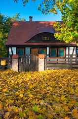 Za rustykalną drewnianą bramą stoi malowniczy domek z muru pruskiego z czerwoną dachówką. Złote jesienne liście pokrywają ziemię, tworząc przytulną scenerię pełną jesiennych barw i uroku. © Pol Badger