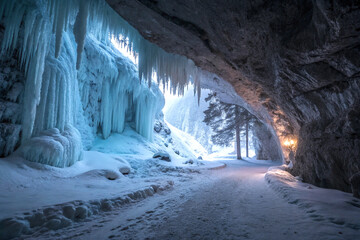 Mystical frozen cave with dramatic lighting