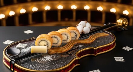 Japaneese cheesecake An artistic sushi presentation on a violin-shaped plate, set against a backdrop of a theater stage with soft, glowing lights.