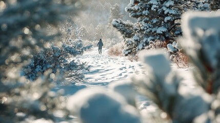 A man jogs along a snow-covered trail surrounded by towering pine trees, enjoying the peaceful winter scenery. The man breathes in the crisp air while making fresh tracks in the sn
