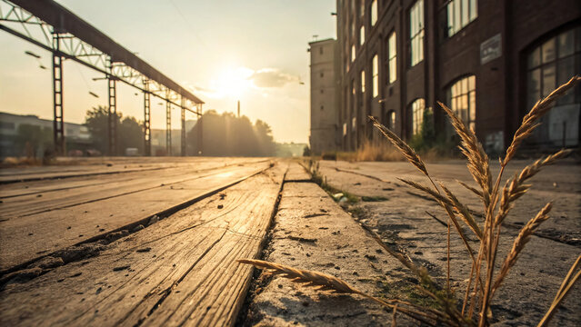 Abandoned factory industrial landscape sunrise urban decay cityscape scene - Powered by Adobe