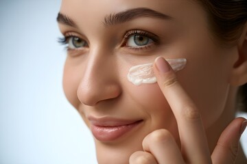 Close up of fingers applying cream under female eyes natural light skincare routine concept clean beauty closeup