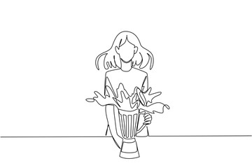 Single line drawing of a woman standing and looking surprised as liquid erupts from a overflowing blender she is holding, symbolizing a messy kitchen mishap. National Kitchen Klutzes of America Day.