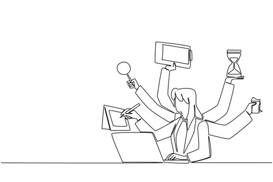 A woman at laptop with many arms in single line drawing. National Productive Business Civility Day of business concept, modeling kindness, prioritization, time awareness, and effective collaboration