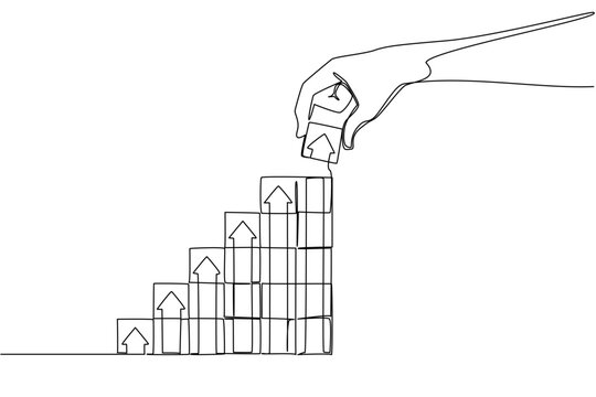 Single line drawing of a hand stacking blocks with rising upward arrow onto a staircase, a business concept of National Productive Business Civility Day event. Show teamwork, trust, efficiency, target