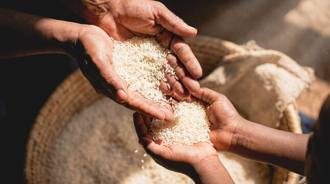 Volunteer hands pouring raw white rice grain into cupped hands of African child charity donation hunger poverty humanitarian aid support africa food crisis nutrition survival kindness community relief