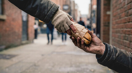 Fototapeta premium Volunteer handing fresh sandwich to homeless man hands street food charity donation hunger poverty humanitarian aid support kindness community lunch meal sharing social work relief 