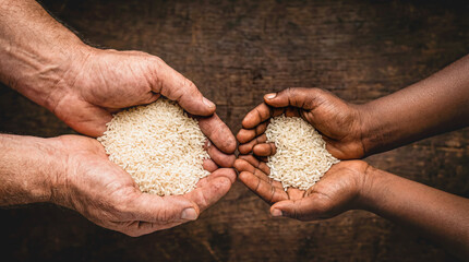 Volunteer hands pouring raw white rice grain into cupped hands of African child charity donation hunger poverty humanitarian aid support africa food crisis nutrition survival kindness community relief