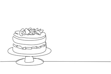 Continuous line drawing of a round, layered strawberry shortcake topped with fruit, presented on a cake stand, symbolizing delicious celebration. National Strawberry Shortcake Day event