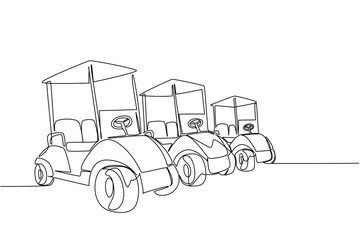 One line drawing of a row of three golf carts, receding into the distance, symbolizing multiple player golfers, a fleet of carts, or a busy golf course. National Golf Cart Day event