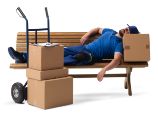 A delivery courier lying on a bench, sleeping with a hand cart of parcels.