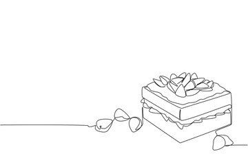 Single line drawing of a square, layered strawberry shortcake, garnished with berries scattered around, symbolizing a delightful and fresh dessert. National Strawberry Shortcake Day event.