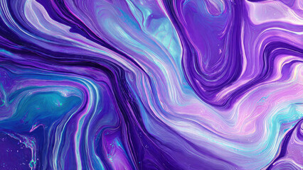 Obraz premium Mesmerizing abstract fluid art showcasing vibrant swirls of purple, blue, and teal. Dynamic liquid paint creates a captivating, modern background.