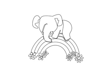 Cute elephant rests on a rainbow with flowers in continuous line drawing, perfect for kids theme with a nature concept, showcasing kindness, imagination, and heartwarming nursery decor.​