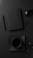 A top-down shot of a black notebook, pen, coffee cup, glasses, and stones on a dark surface.