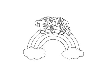 A zebra naps across a rainbow with clouds in continuous line drawing, tailored for kids theme with a nature concept, capturing stripes, color, imagination, and charming nursery decoration.