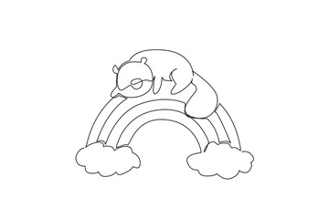 Description Continuous line drawing of an animal, a cute beaver sleeping peacefully on a rainbow, supported by clouds, a nature concept related to an international event rainbow hug. © Simple Line