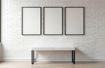 Three empty picture frames hang on a white brick wall above a white console table. This scene offers ample blank space for custom graphics or text. Modern home interior style.