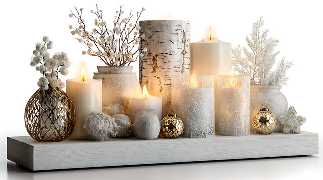 christmas decorations with candles on white background