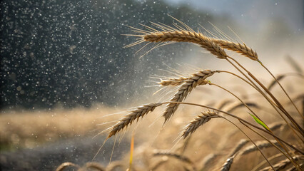 Close up of golden wheat field with water droplets agriculture farming crop