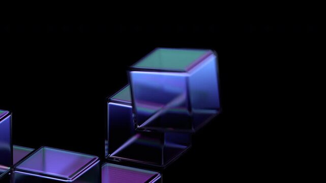Abstract animation, glass cubes on black background, 4k seamless looped video, 3d render