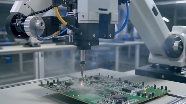 Automated Robotic Arm Soldering Circuit Board with Smoke and Sparks in a Clean Factory Environment