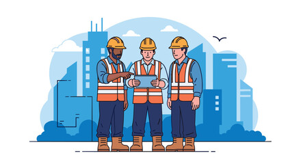 Reliable construction team reviewing blueprints on a tablet at the building site, showing collaboration and expertise for successful project delivery