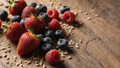 Fresh berries (strawberries, blueberries, raspberries) with scattered grains on rustic wooden surface