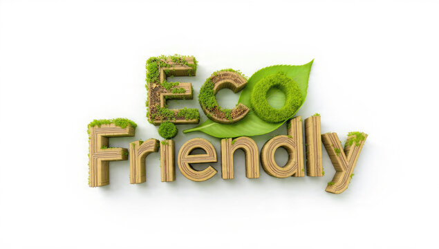 A 3D rendering of "Eco Friendly" using wood, moss, and a green leaf texture, symbolizing environmental consciousness and sustainability.