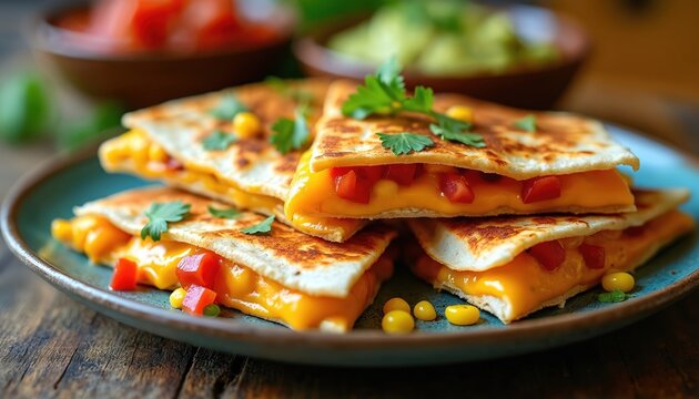 Stack of cheesy quesadillas with tomatoes and corn, garnished with cilantro, served on a blue plate. Melted cheese oozes from the crispy tortillas, a delicious Mexican food snack.