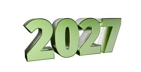 Moderne 3D-Schrift 2027: plakative grüne Jahreszahl mit schimmerndem Farbverlauf, Neujahr, Zukünftige Trends, Technologie, Business, Saison, Jubiläum, Innovation, Geschäftspräsentationen