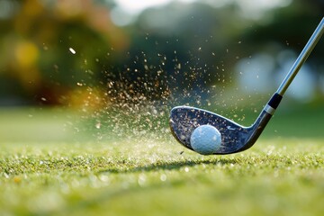 Dynamic golf swing capturing impact and grass explosion on lush fairway, with blurred background enhancing depth and focus in beautifully lit scene. Ideal for sports enthusiasts and photographers