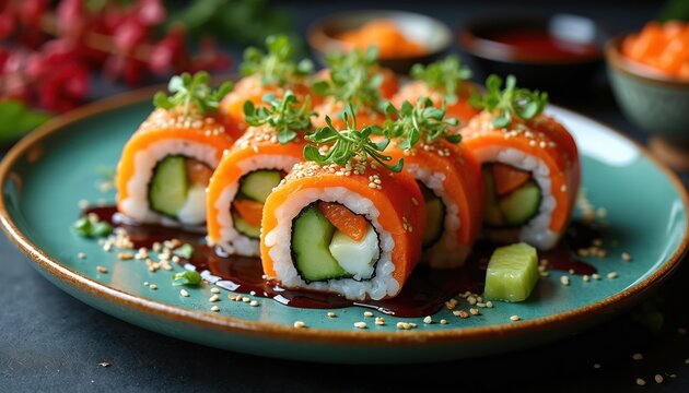 Plate with delicious sushi rolls. Fresh vegetable sushi with cucumber carrots and cream cheese. Japanese food with soy sauce. Sushi rolls with sesame. Healthy snack or lunch meal.