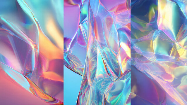 Vibrant abstract forms with iridescent, holographic colors across three panels, showcasing a dynamic interplay of light and translucent textures. - Powered by Adobe