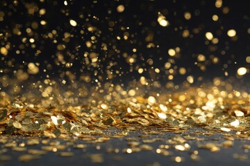 Naklejka premium Golden glittering particles on a dark background create a magical, luxurious atmosphere; perfect for festive, enchanting themes in event planning or celebration photography