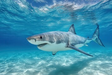 Fototapeta premium Majestic shark gliding through crystal clear waters, showcasing sleek grey-white coloration and serene grace amidst vibrant blue surroundings and sunlit sandy ocean floor